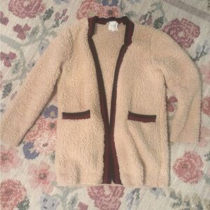 Le Lis Sherpa Teddy Cardigan Coat with Contrast Trim – Beige